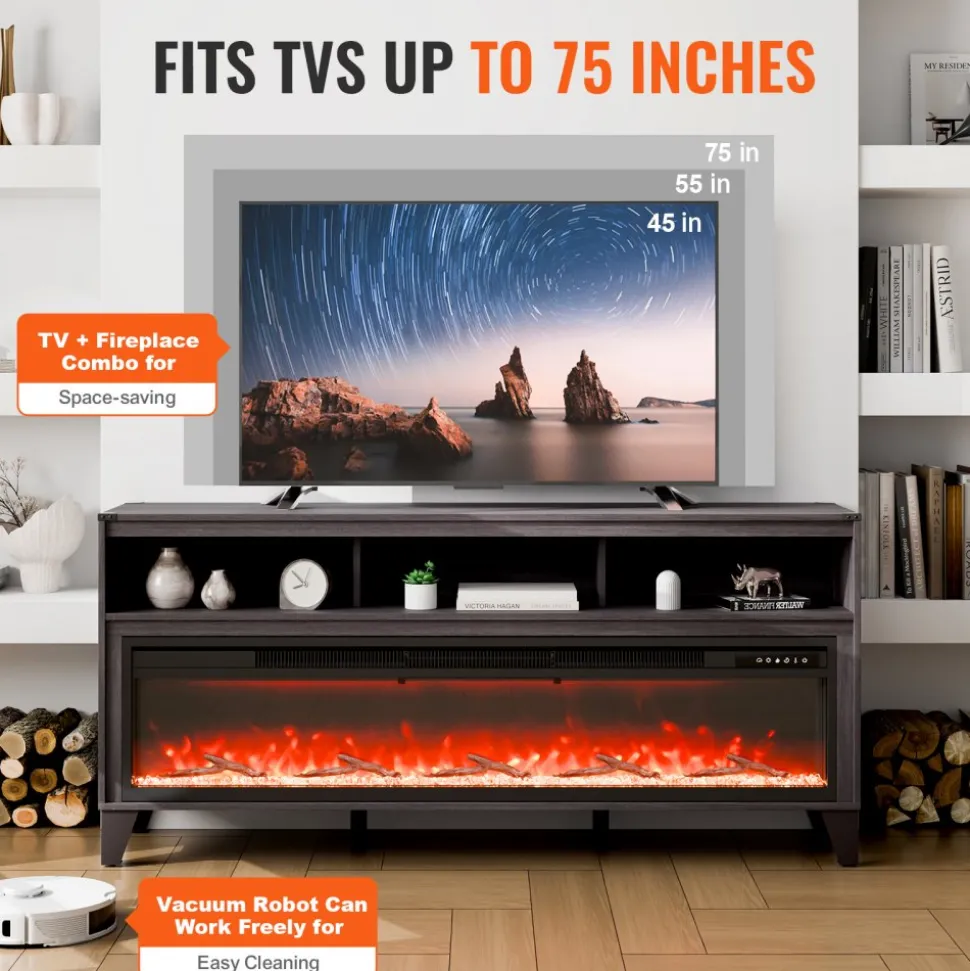 VEVOR 80" Fireplace TV Stand, Media Storage Corner with 60" Fireplace, Storage Drawers & Cabinets, Industrial Style TV Console Table with 20 Flames, Remote Control & Timer for Living Room, Black