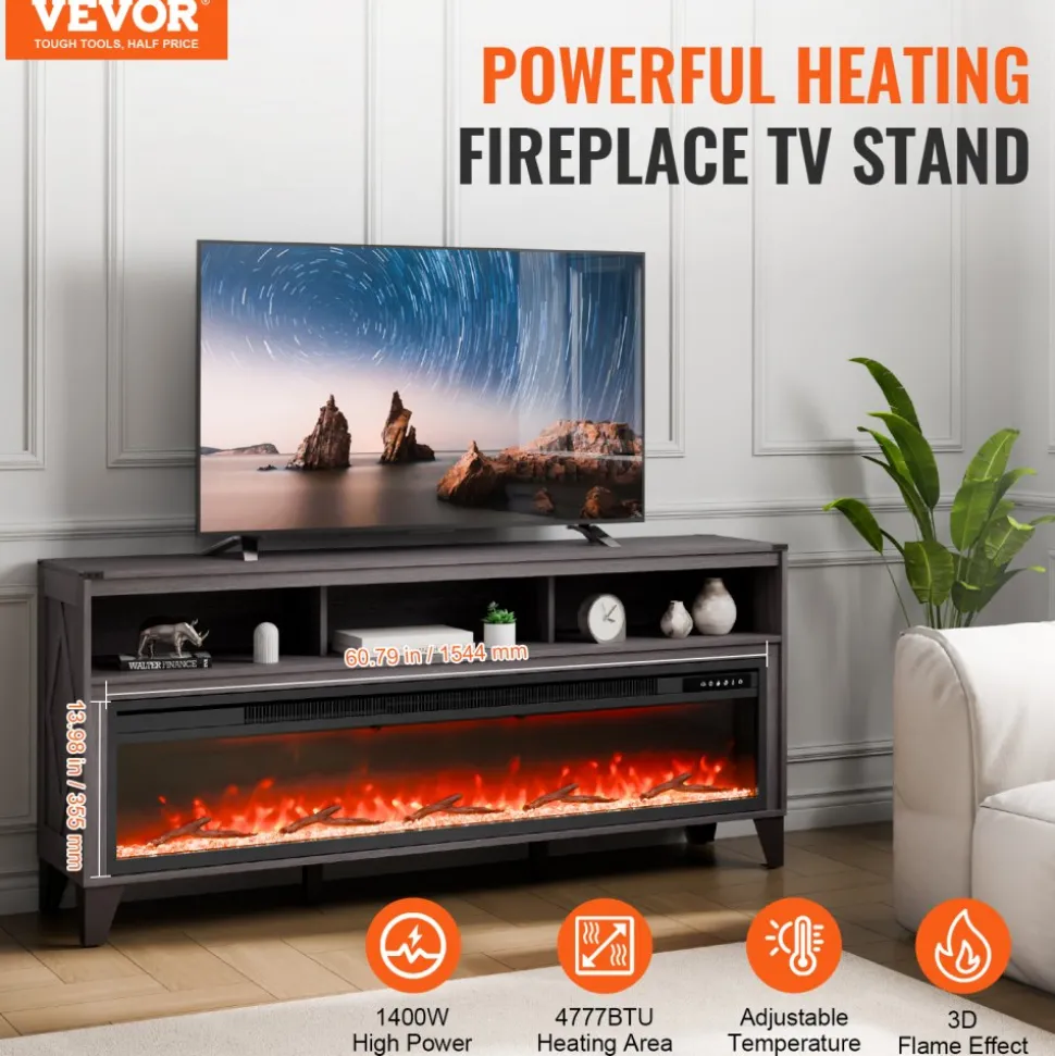 VEVOR 80" Fireplace TV Stand, Media Storage Corner with 60" Fireplace, Storage Drawers & Cabinets, Industrial Style TV Console Table with 20 Flames, Remote Control & Timer for Living Room, Black