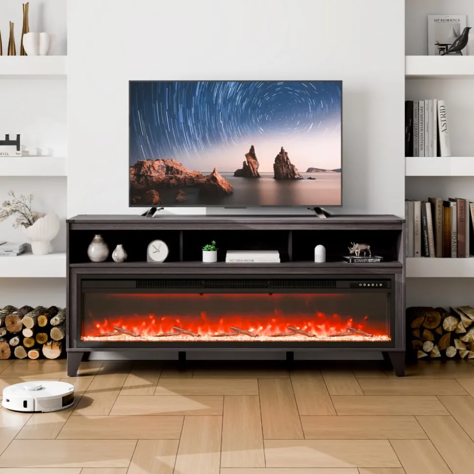VEVOR 80" Fireplace TV Stand, Media Storage Corner with 60" Fireplace, Storage Drawers & Cabinets, Industrial Style TV Console Table with 20 Flames, Remote Control & Timer for Living Room, Black