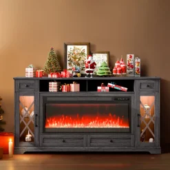 VEVOR 80" Fireplace TV Stand, Media Storage Corner with 42" Fireplace, Storage Drawers & Cabinets, Pastoral TV Console Table with 20 LED Lights, Remote Control and Timer for Living Room, Grey