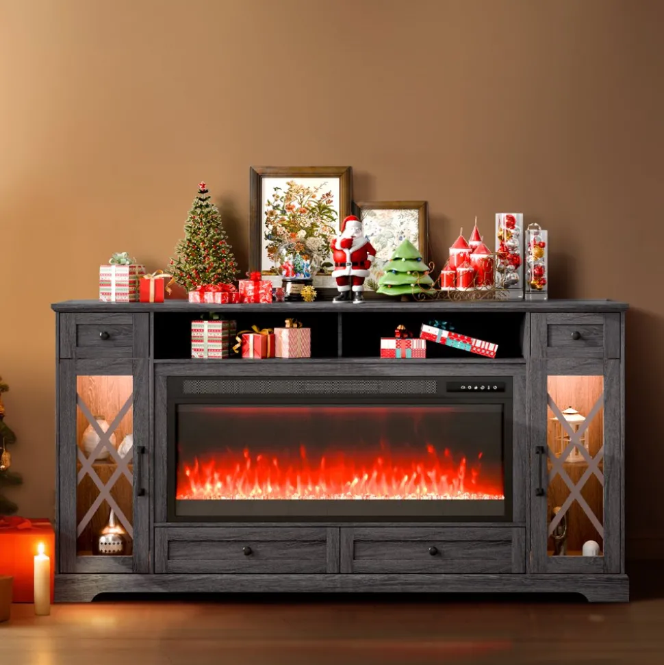 VEVOR 80" Fireplace TV Stand, Media Storage Corner with 42" Fireplace, Storage Drawers & Cabinets, Pastoral TV Console Table with 20 LED Lights, Remote Control and Timer for Living Room, Grey