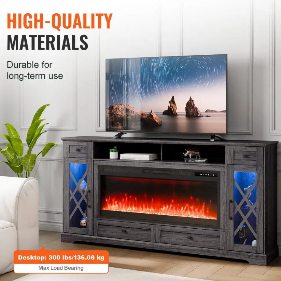 VEVOR 80" Fireplace TV Stand, Media Storage Corner with 42" Fireplace, Storage Drawers & Cabinets, Pastoral TV Console Table with 20 LED Lights, Remote Control and Timer for Living Room, Grey