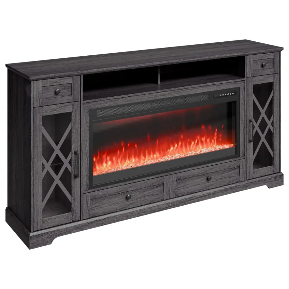 VEVOR 80" Fireplace TV Stand, Media Storage Corner with 42" Fireplace, Storage Drawers & Cabinets, Pastoral TV Console Table with 20 LED Lights, Remote Control and Timer for Living Room, Grey