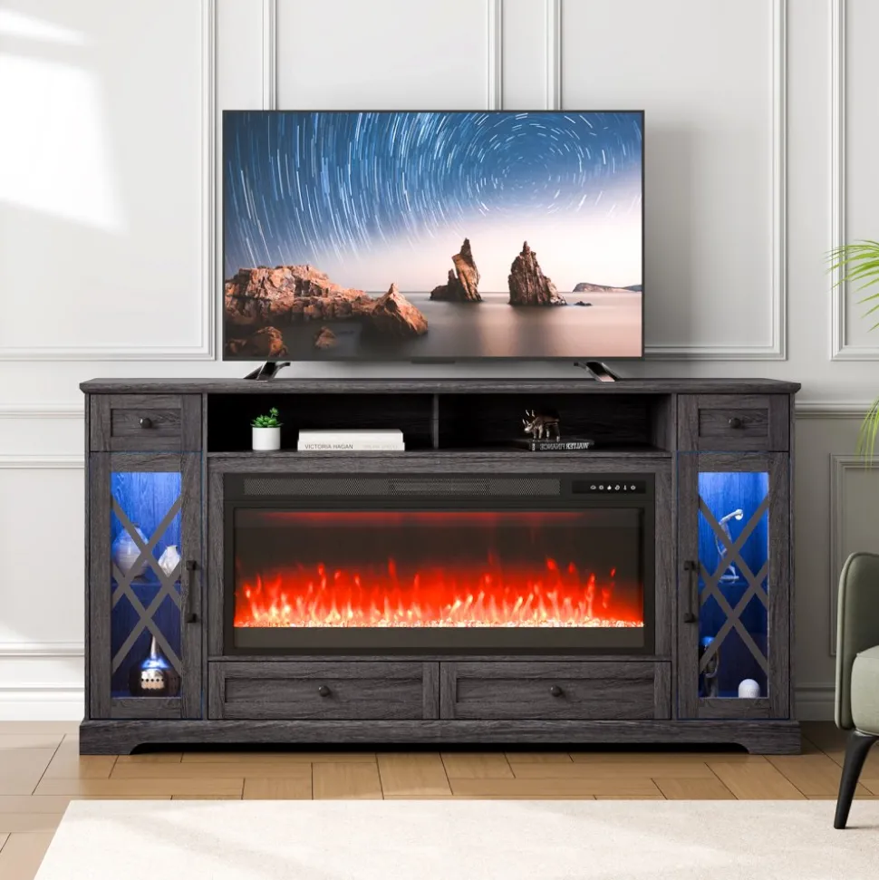VEVOR 80" Fireplace TV Stand, Media Storage Corner with 42" Fireplace, Storage Drawers & Cabinets, Pastoral TV Console Table with 20 LED Lights, Remote Control and Timer for Living Room, Grey