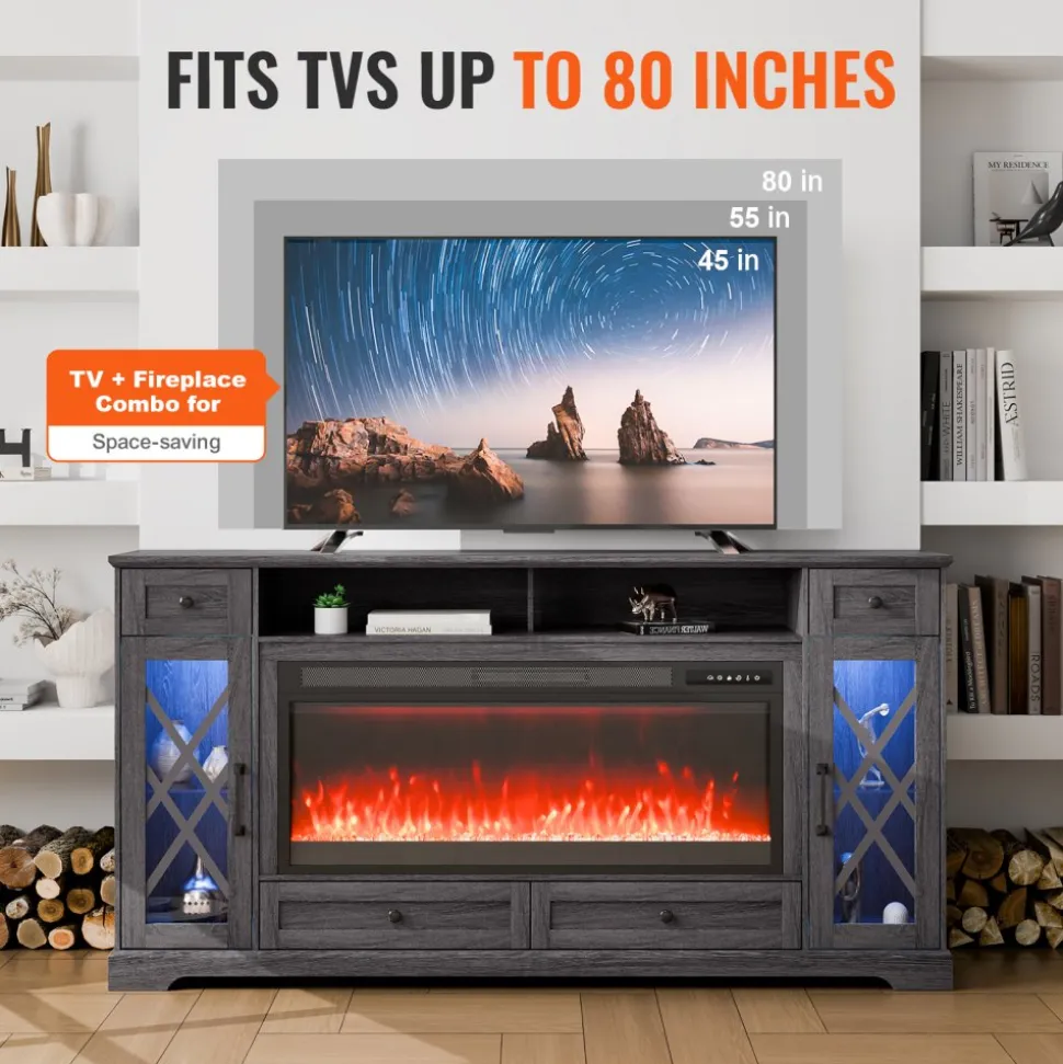 VEVOR 80" Fireplace TV Stand, Media Storage Corner with 42" Fireplace, Storage Drawers & Cabinets, Pastoral TV Console Table with 20 LED Lights, Remote Control and Timer for Living Room, Grey