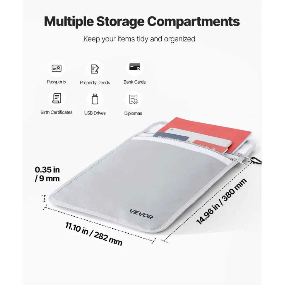 VEVOR Fireproof Document Bag, 2192 ℉ Heat Insulated Fireproof & Waterproof Bag with Smooth Zipper, Portable File Storage Organizer Home Office Travel Use, for Passports, Important Documents, Files