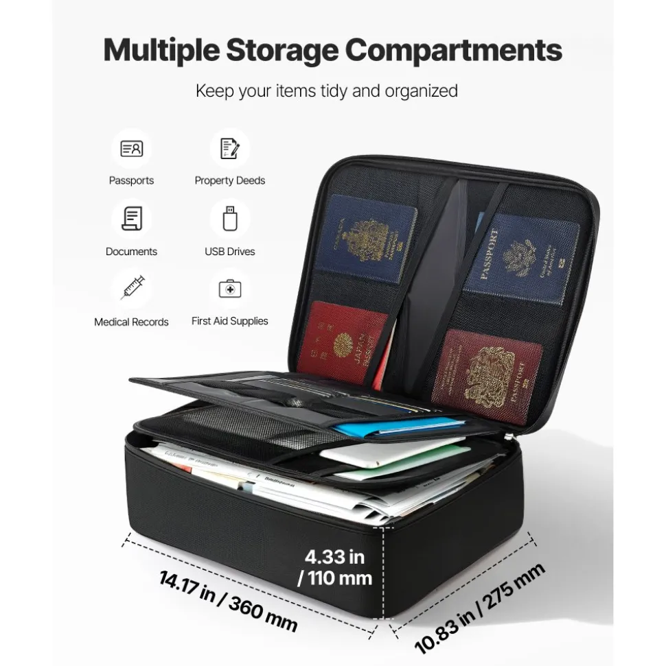 VEVOR Fireproof Document Box, 1832 ℉ Heat Insulated Fireproof & Waterproof Box with Lock, Portable Multi-Layer Home Office Travel File Storage Organizer, for Passports, Important Documents, Files