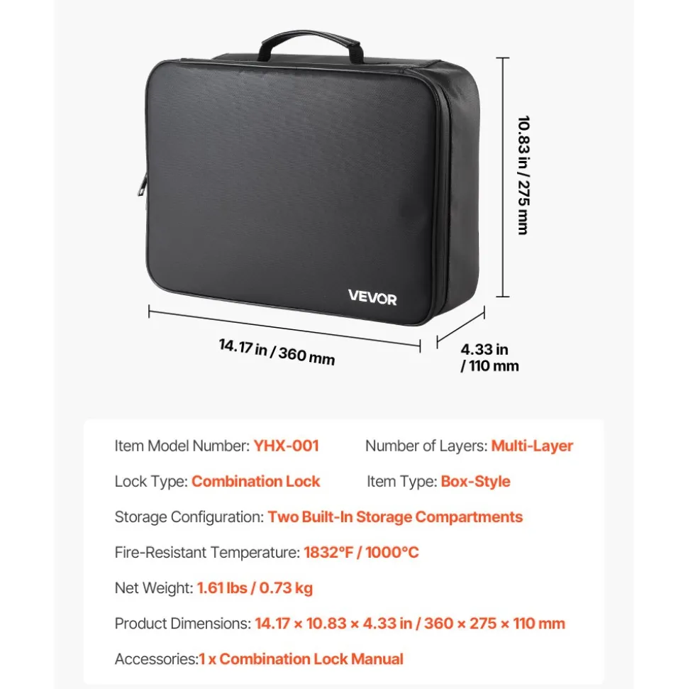 VEVOR Fireproof Document Box, 1832 ℉ Heat Insulated Fireproof & Waterproof Box with Lock, Portable Multi-Layer Home Office Travel File Storage Organizer, for Passports, Important Documents, Files