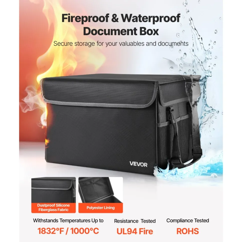 VEVOR Fireproof Document Box, 1832 ℉ Heat Insulated Fireproof & Waterproof Box, Space-Saving and Foldable Design, Portable Home Office Travel File Organizer, for Passports, Important Documents, Files