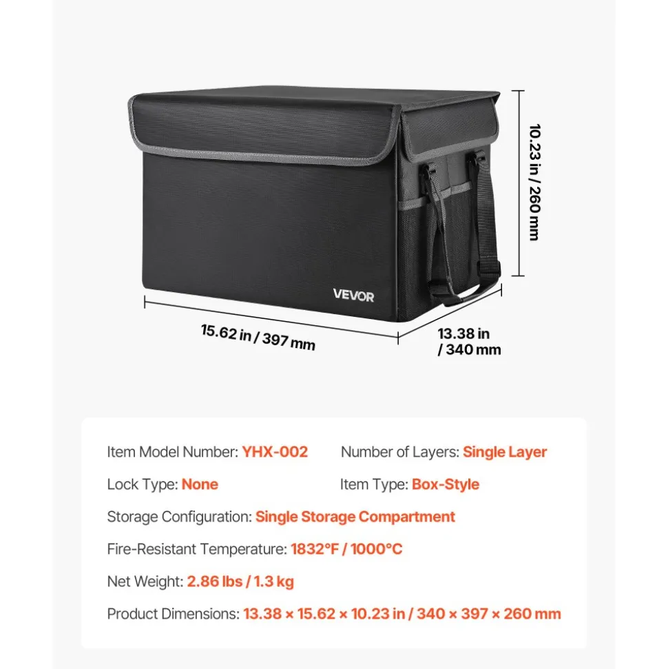 VEVOR Fireproof Document Box, 1832 ℉ Heat Insulated Fireproof & Waterproof Box, Space-Saving and Foldable Design, Portable Home Office Travel File Organizer, for Passports, Important Documents, Files