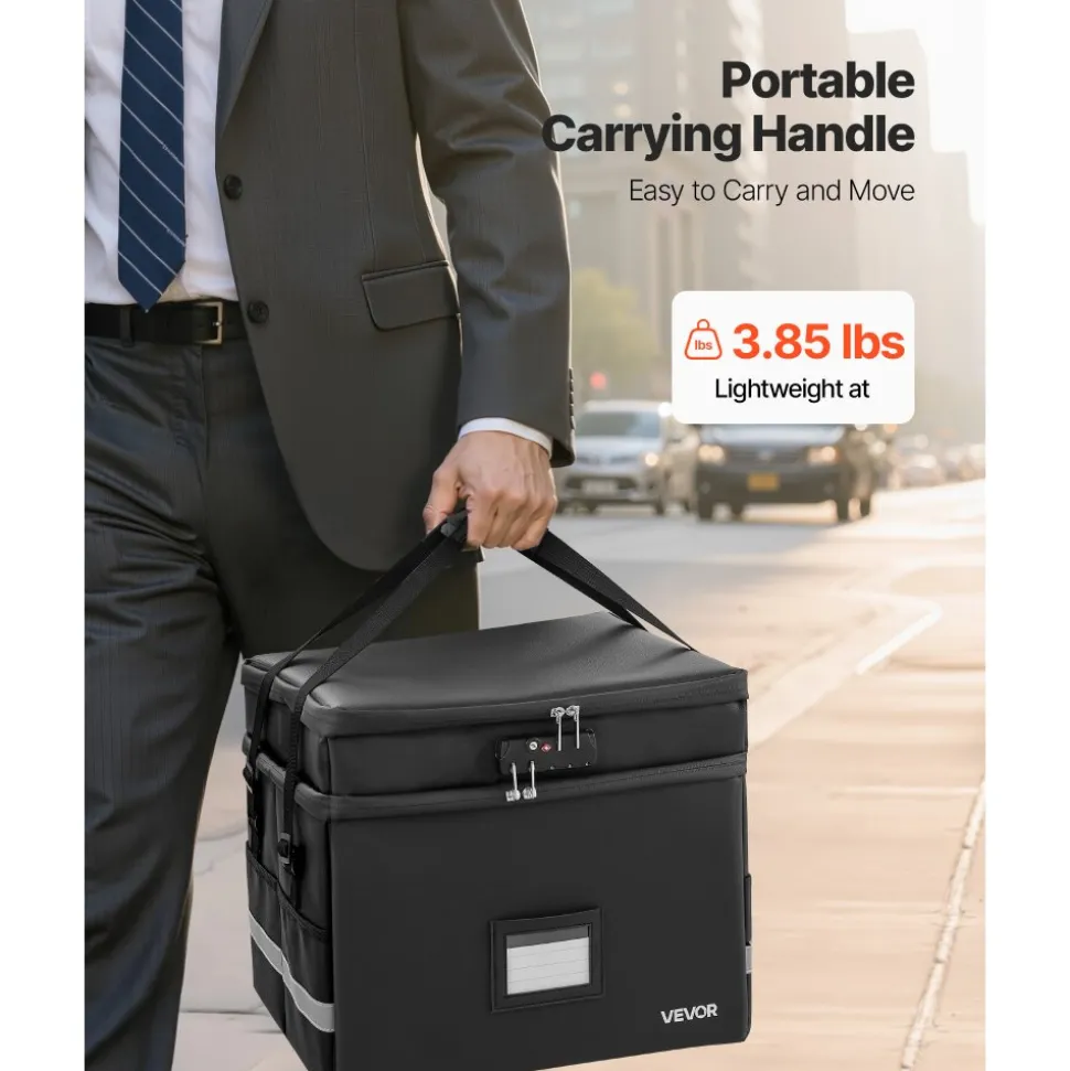 VEVOR Fireproof Document Box, 1832 ℉ Heat Insulated Fireproof & Waterproof Box with Lock, Portable Two-Layer File Storage Organizer Home Office Travel Use, for Passports, Important Documents, Files