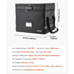 VEVOR Fireproof Document Box, 1832 ℉ Heat Insulated Fireproof & Waterproof Box with Lock, Portable Two-Layer File Storage Organizer Home Office Travel Use, for Passports, Important Documents, Files