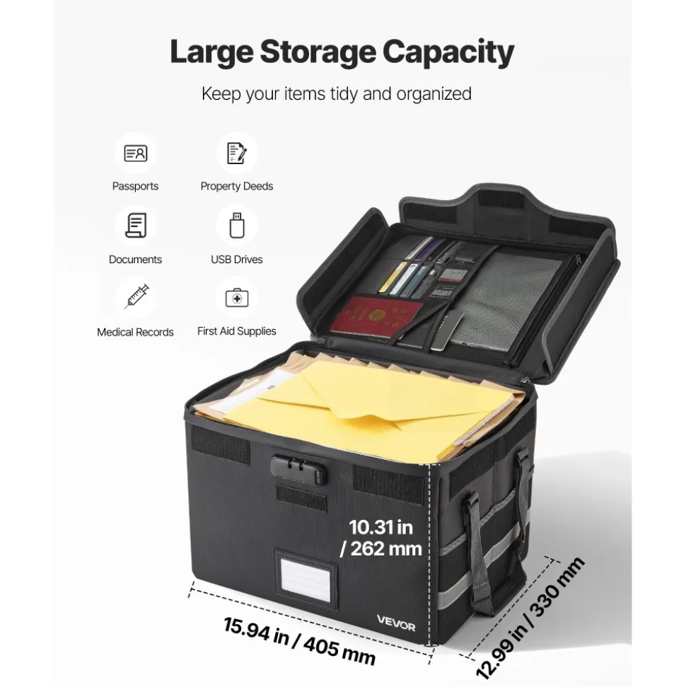 VEVOR Fireproof Document Box, 1832 ℉ Heat Insulated Fireproof & Waterproof Box with Lock, Portable File Storage Security Organizer Home Office Travel Use, for Passports, Important Documents & Files