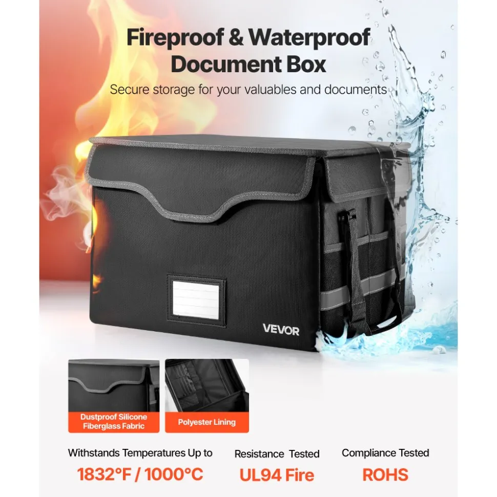 VEVOR Fireproof Document Box, 1832 ℉ Heat Insulated Fireproof & Waterproof Box with Lock, Portable File Storage Security Organizer Home Office Travel Use, for Passports, Important Documents & Files
