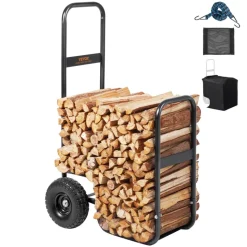 VEVOR Firewood Log Cart, 250 lbs Capacity, Outdoor and Indoor Wood Rack Storage Mover with PU Wheels & Waterproof Cloth, Heavy Duty Steel Dolly Hauler, Firewood Carrier for Fireplace, Fire Pit, Black