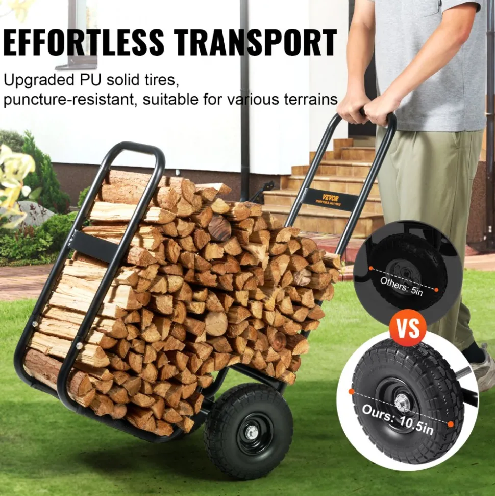 VEVOR Firewood Log Cart, 250 lbs Capacity, Outdoor and Indoor Wood Rack Storage Mover with PU Wheels & Waterproof Cloth, Heavy Duty Steel Dolly Hauler, Firewood Carrier for Fireplace, Fire Pit, Black