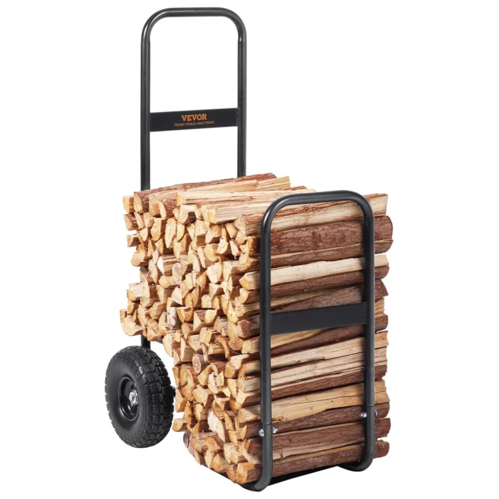 VEVOR Firewood Log Cart, 250 lbs Capacity, Outdoor and Indoor Wood Rack Storage Mover with PU Wheels & Waterproof Cloth, Heavy Duty Steel Dolly Hauler, Firewood Carrier for Fireplace, Fire Pit, Black