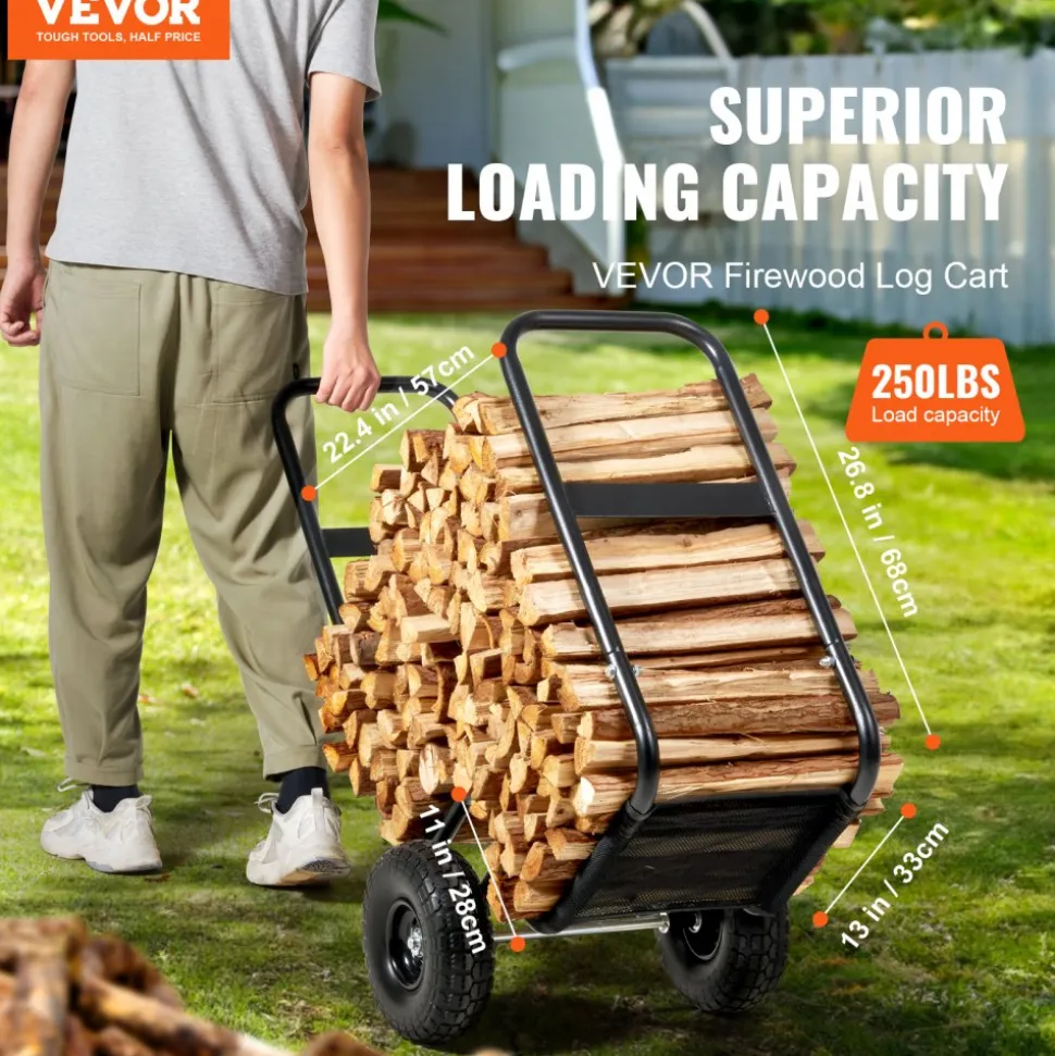 VEVOR Firewood Log Cart, 250 lbs Capacity, Outdoor and Indoor Wood Rack Storage Mover with PU Wheels & Waterproof Cloth, Heavy Duty Steel Dolly Hauler, Firewood Carrier for Fireplace, Fire Pit, Black