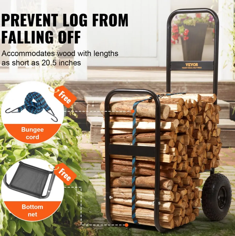 VEVOR Firewood Log Cart, 250 lbs Load Capacity, Outdoor and Indoor Wood Rack Storage Mover with Pneumatic Rubber Wheels, Heavy Duty Steel Dolly Hauler, Firewood Carrier for Fireplace, Fire Pit, Black