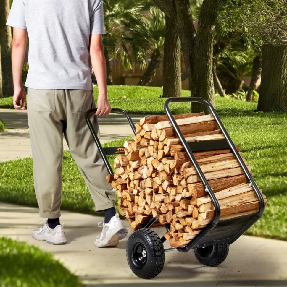 VEVOR Firewood Log Cart, 250 lbs Load Capacity, Outdoor and Indoor Wood Rack Storage Mover with Pneumatic Rubber Wheels, Heavy Duty Steel Dolly Hauler, Firewood Carrier for Fireplace, Fire Pit, Black