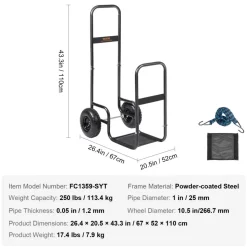 VEVOR Firewood Log Cart, 250 lbs Load Capacity, Outdoor and Indoor Wood Rack Storage Mover with Pneumatic Rubber Wheels, Heavy Duty Steel Dolly Hauler, Firewood Carrier for Fireplace, Fire Pit, Black