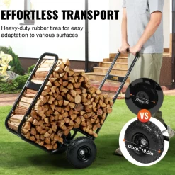 VEVOR Firewood Log Cart, 250 lbs Load Capacity, Outdoor and Indoor Wood Rack Storage Mover with Pneumatic Rubber Wheels, Heavy Duty Steel Dolly Hauler, Firewood Carrier for Fireplace, Fire Pit, Black