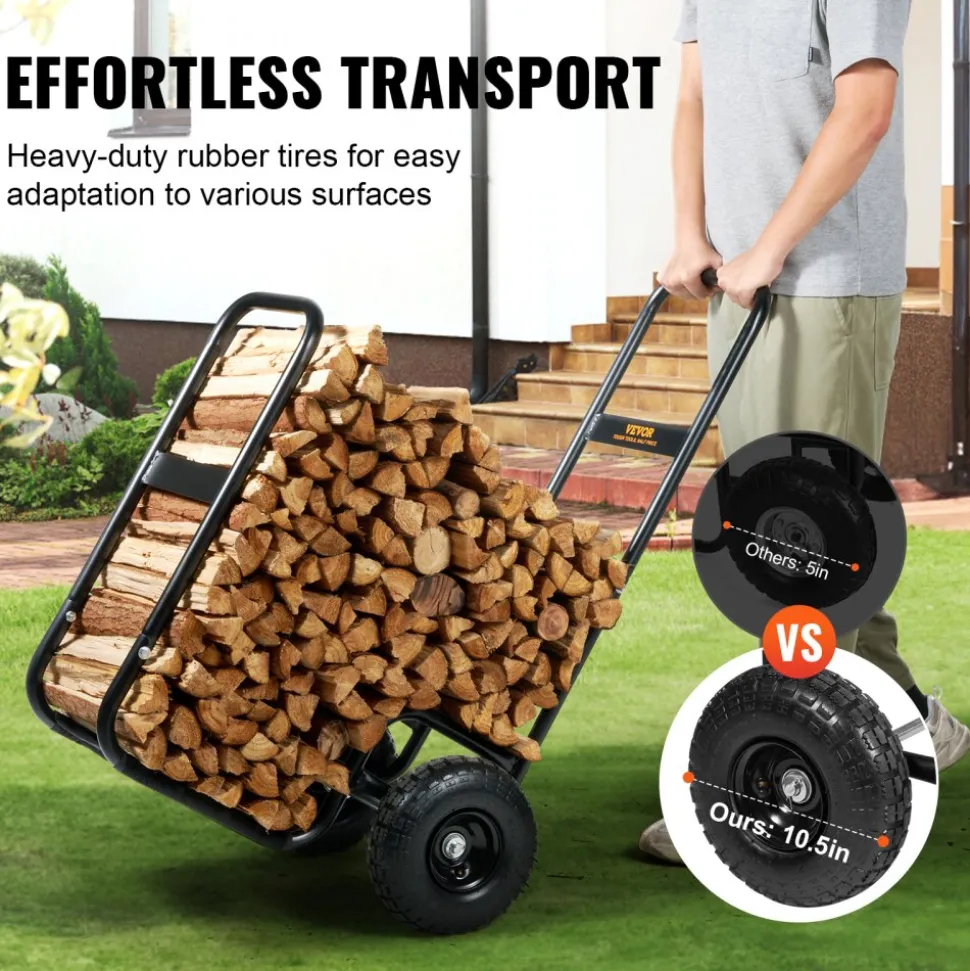 VEVOR Firewood Log Cart, 250 lbs Load Capacity, Outdoor and Indoor Wood Rack Storage Mover with Pneumatic Rubber Wheels, Heavy Duty Steel Dolly Hauler, Firewood Carrier for Fireplace, Fire Pit, Black