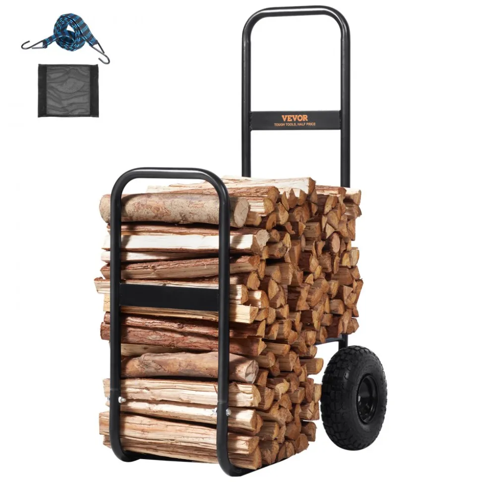 VEVOR Firewood Log Cart, 250 lbs Load Capacity, Outdoor and Indoor Wood Rack Storage Mover with Pneumatic Rubber Wheels, Heavy Duty Steel Dolly Hauler, Firewood Carrier for Fireplace, Fire Pit, Black