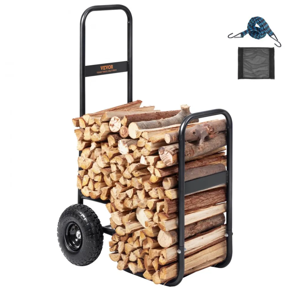 VEVOR Firewood Log Cart, 250 lbs Load Capacity, Outdoor and Indoor Wood Rack Storage Mover with Pneumatic Rubber Wheels, Heavy Duty Steel Dolly Hauler, Firewood Carrier for Fireplace, Fire Pit, Black
