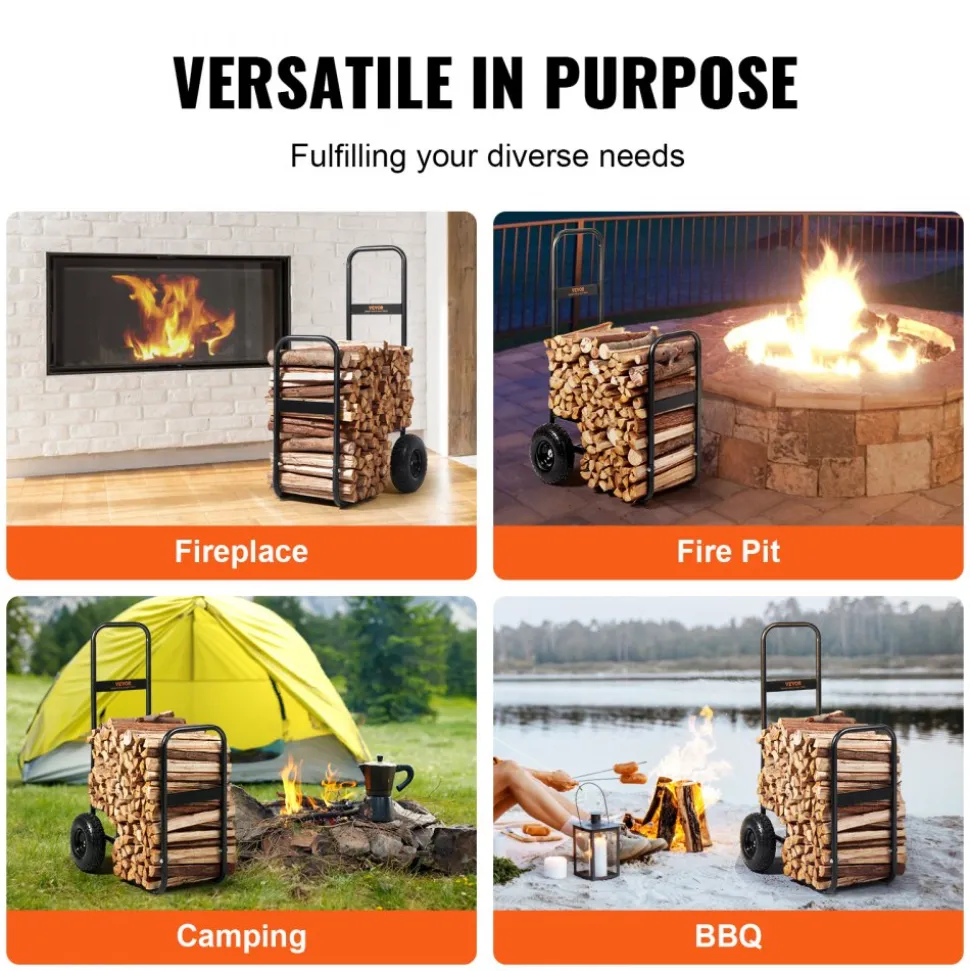 VEVOR Firewood Log Cart, 250 lbs Load Capacity, Outdoor and Indoor Wood Rack Storage Mover with Pneumatic Rubber Wheels, Heavy Duty Steel Dolly Hauler, Firewood Carrier for Fireplace, Fire Pit, Black