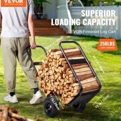 VEVOR Firewood Log Cart, 250 lbs Load Capacity, Outdoor and Indoor Wood Rack Storage Mover with Pneumatic Rubber Wheels, Heavy Duty Steel Dolly Hauler, Firewood Carrier for Fireplace, Fire Pit, Black