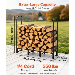 VEVOR Firewood Rack 4ft 1/4 Cord Heavy Duty Outdoor Wood Storage Holder, for Fireplace Patio Deck, 550 lbs Load Capacity, Carbon Steel Frame Fire Log Stacker Stand, Metal Wood Pile Organizer, Black