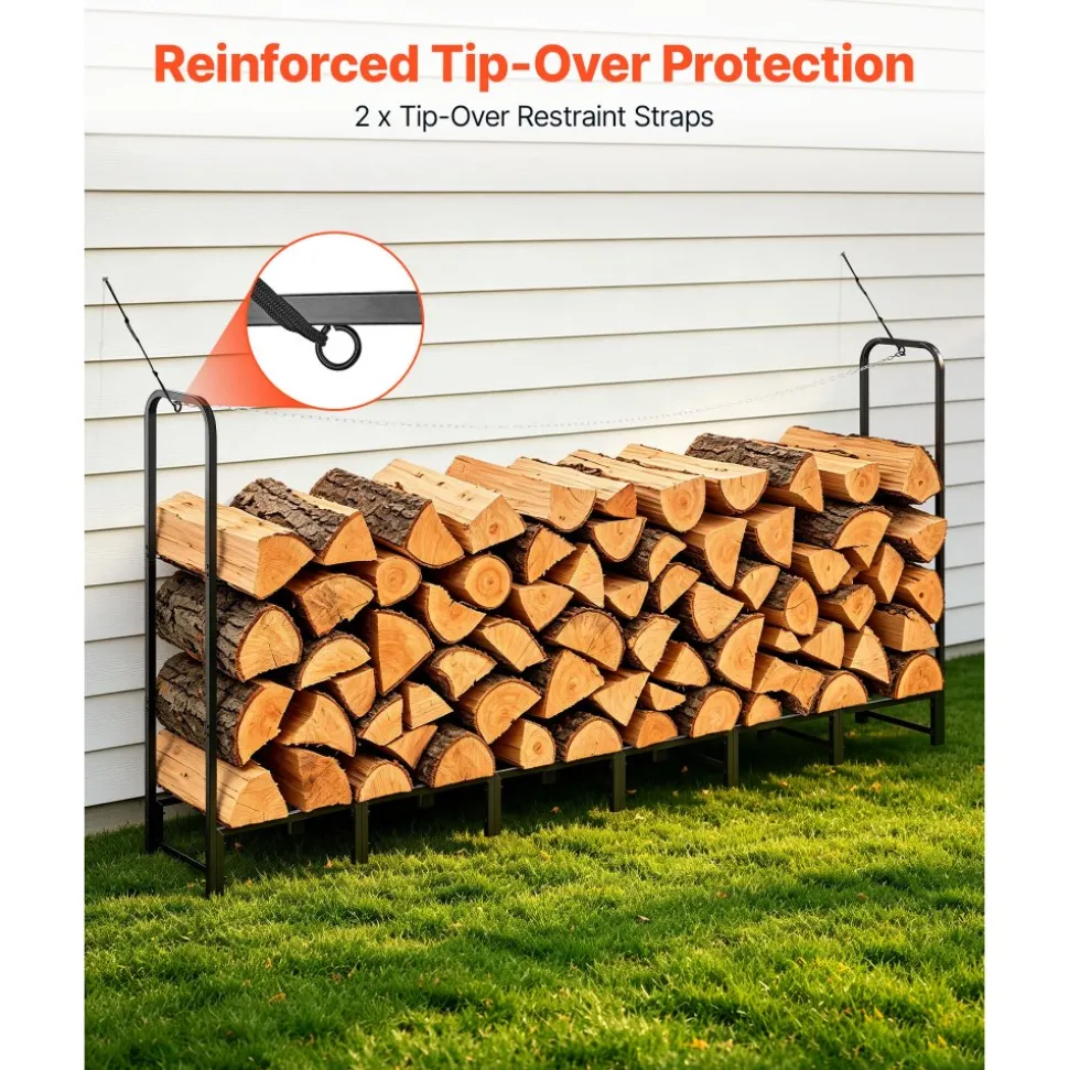 VEVOR Firewood Rack 8ft 1/2 Cord Heavy Duty Outdoor Wood Storage Holder, for Fireplace Patio Deck, 1100 lbs Load Capacity, Carbon Steel Frame Fire Log Stacker Stand, Metal Wood Pile Organizer, Black