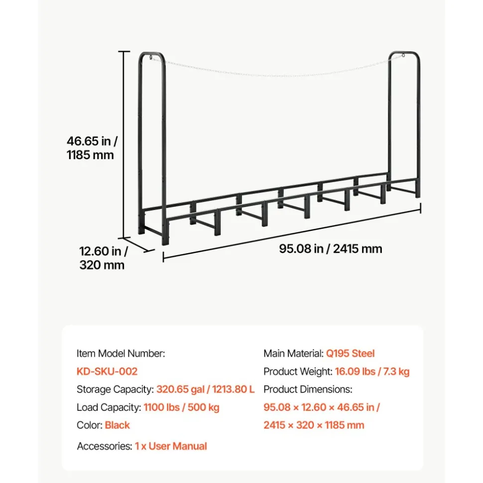 VEVOR Firewood Rack 8ft 1/2 Cord Heavy Duty Outdoor Wood Storage Holder, for Fireplace Patio Deck, 1100 lbs Load Capacity, Carbon Steel Frame Fire Log Stacker Stand, Metal Wood Pile Organizer, Black