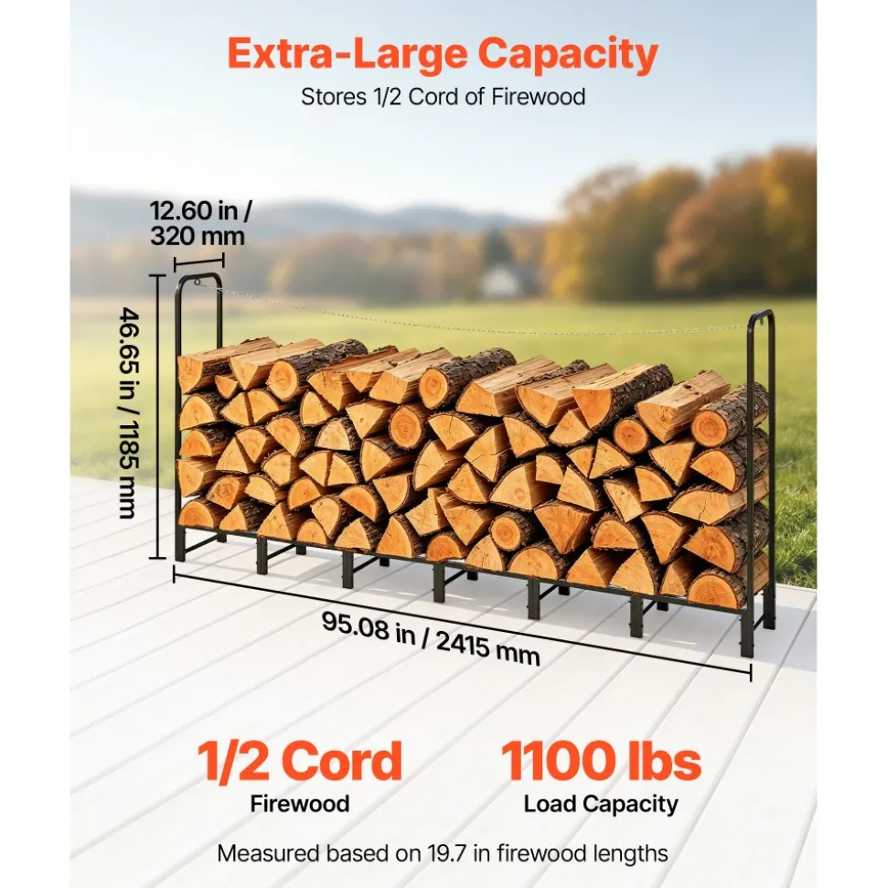VEVOR Firewood Rack 8ft 1/2 Cord Heavy Duty Outdoor Wood Storage Holder, for Fireplace Patio Deck, 1100 lbs Load Capacity, Carbon Steel Frame Fire Log Stacker Stand, Metal Wood Pile Organizer, Black