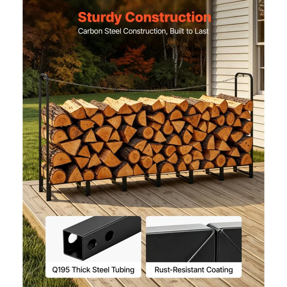 VEVOR Firewood Rack 8ft 1/2 Cord Heavy Duty Outdoor Wood Storage Holder, for Fireplace Patio Deck, 1100 lbs Load Capacity, Carbon Steel Frame Fire Log Stacker Stand, Metal Wood Pile Organizer, Black