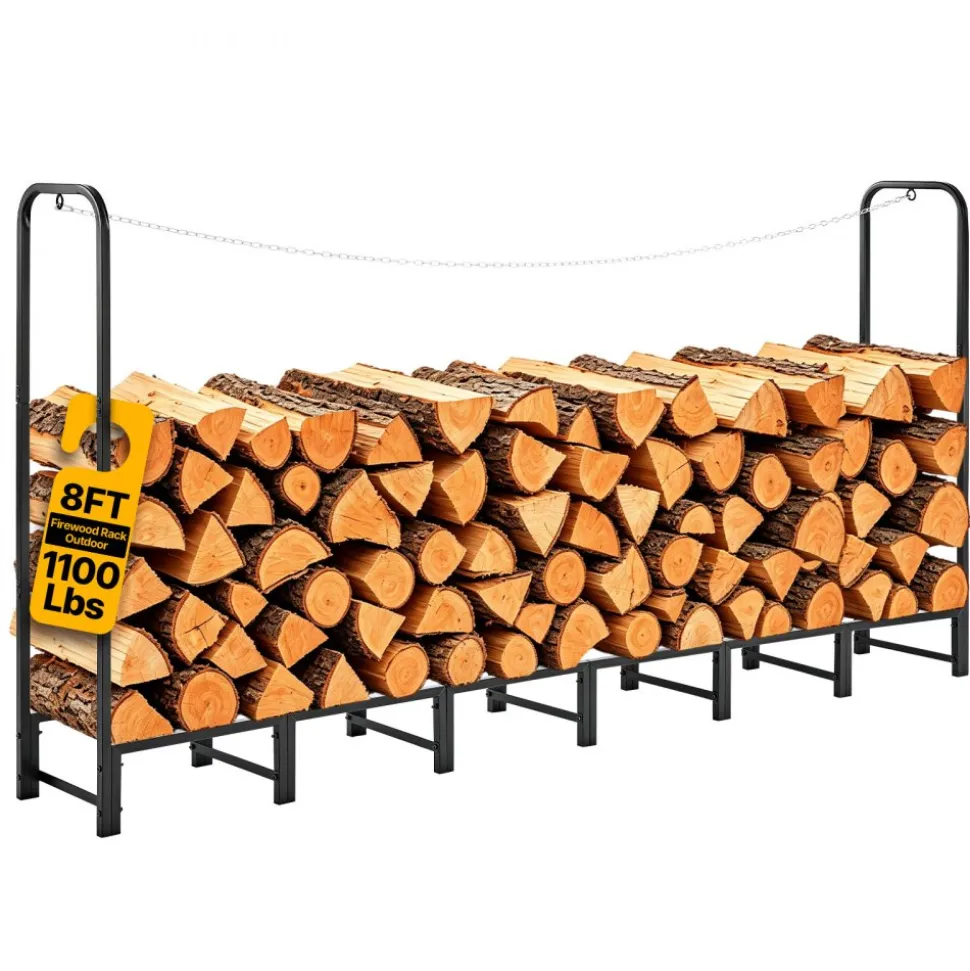 VEVOR Firewood Rack 8ft 1/2 Cord Heavy Duty Outdoor Wood Storage Holder, for Fireplace Patio Deck, 1100 lbs Load Capacity, Carbon Steel Frame Fire Log Stacker Stand, Metal Wood Pile Organizer, Black