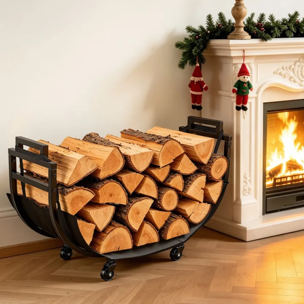 VEVOR Firewood Rack 31.69 Inch Heavy Duty Indoor Fire Wood Storage Holder, for Fireplace Patio Deck, 180 lbs Load Capacity, 4 Locking Swivel Casters, Log Stacker Stand Metal Wood Pile Organizer, Black