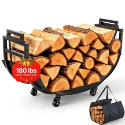 VEVOR Firewood Rack 31.69 Inch Heavy Duty Indoor Fire Wood Storage Holder, for Fireplace Patio Deck, 180 lbs Load Capacity, 4 Locking Swivel Casters, Log Stacker Stand Metal Wood Pile Organizer, Black