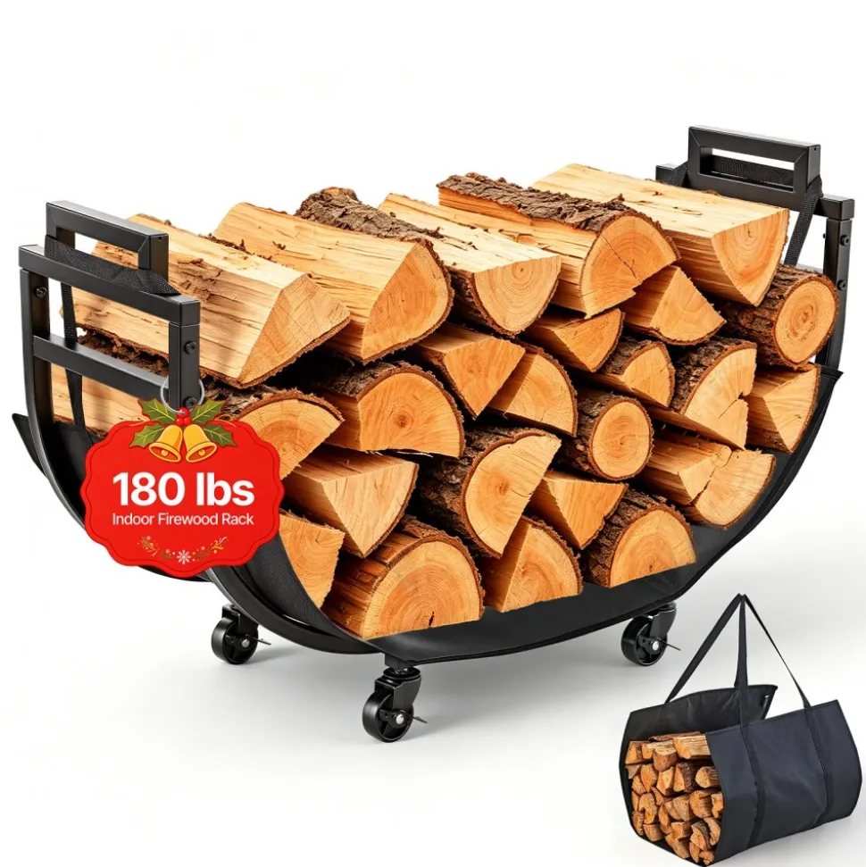 VEVOR Firewood Rack 31.69 Inch Heavy Duty Indoor Fire Wood Storage Holder, for Fireplace Patio Deck, 180 lbs Load Capacity, 4 Locking Swivel Casters, Log Stacker Stand Metal Wood Pile Organizer, Black