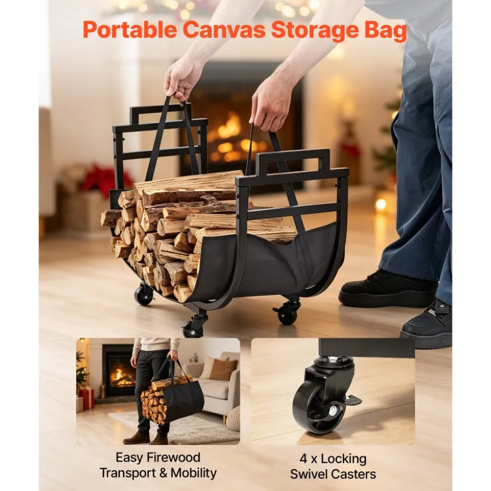 VEVOR Firewood Rack 31.69 Inch Heavy Duty Indoor Fire Wood Storage Holder, for Fireplace Patio Deck, 180 lbs Load Capacity, 4 Locking Swivel Casters, Log Stacker Stand Metal Wood Pile Organizer, Black