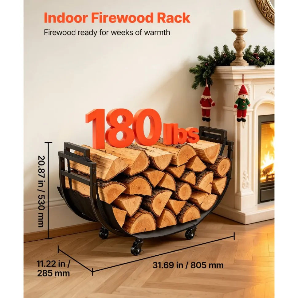 VEVOR Firewood Rack 31.69 Inch Heavy Duty Indoor Fire Wood Storage Holder, for Fireplace Patio Deck, 180 lbs Load Capacity, 4 Locking Swivel Casters, Log Stacker Stand Metal Wood Pile Organizer, Black