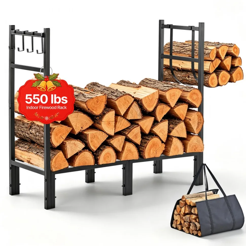 VEVOR Firewood Rack 15.75 Inch Heavy Duty Indoor Fire Wood Storage Holder, for Fireplace Patio Deck, 550 lbs Load Capacity, 2-Tier Storage Space, Log Stacker Stand Metal Wood Pile Organizer, Black