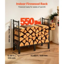 VEVOR Firewood Rack 15.75 Inch Heavy Duty Indoor Fire Wood Storage Holder, for Fireplace Patio Deck, 550 lbs Load Capacity, 2-Tier Storage Space, Log Stacker Stand Metal Wood Pile Organizer, Black