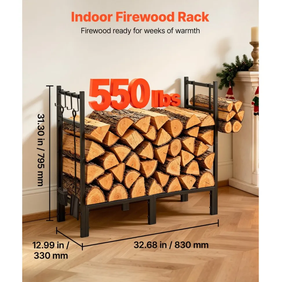 VEVOR Firewood Rack 15.75 Inch Heavy Duty Indoor Fire Wood Storage Holder, for Fireplace Patio Deck, 550 lbs Load Capacity, 2-Tier Storage Space, Log Stacker Stand Metal Wood Pile Organizer, Black