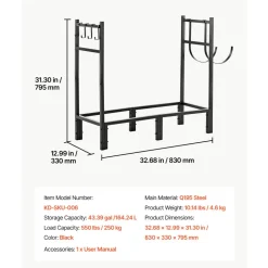 VEVOR Firewood Rack 15.75 Inch Heavy Duty Indoor Fire Wood Storage Holder, for Fireplace Patio Deck, 550 lbs Load Capacity, 2-Tier Storage Space, Log Stacker Stand Metal Wood Pile Organizer, Black
