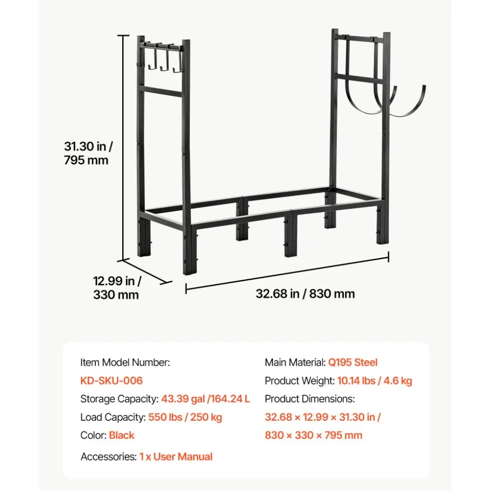 VEVOR Firewood Rack 15.75 Inch Heavy Duty Indoor Fire Wood Storage Holder, for Fireplace Patio Deck, 550 lbs Load Capacity, 2-Tier Storage Space, Log Stacker Stand Metal Wood Pile Organizer, Black