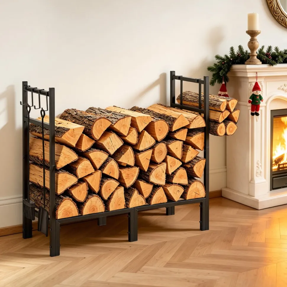 VEVOR Firewood Rack 15.75 Inch Heavy Duty Indoor Fire Wood Storage Holder, for Fireplace Patio Deck, 550 lbs Load Capacity, 2-Tier Storage Space, Log Stacker Stand Metal Wood Pile Organizer, Black