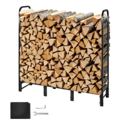 VEVOR Firewood Rack with Waterproof Cover, 4 ft Outdoor Firewood Holder, 1/4 Cord Storage Metal Log Holder, 400lb Max Weight Capacity, Full Covered, Powder-Coated Wood Storage Rack for Fireplace Deck