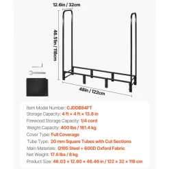 VEVOR Firewood Rack with Waterproof Cover, 4 ft Outdoor Firewood Holder, 1/4 Cord Storage Metal Log Holder, 400lb Max Weight Capacity, Full Covered, Powder-Coated Wood Storage Rack for Fireplace Deck